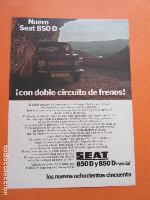Coches y motocicletas: PUBLICIDAD 1972 COLECCION COCHES - SEAT 850 D ESPECIAL - TAMA&Ntilde;O 13 X 18.5 CM