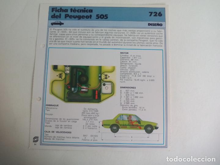 Coches y Motocicletas: PEUGEOT 505. FICHA TECNICA DEL COCHE. Editada por SARPE, a&ntilde;os 80.