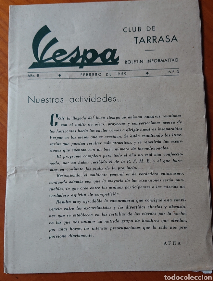 Coches y Motocicletas: Vespa, bolet&iacute;n de Tarrasa, Barcelona, a&ntilde;os 50, original, raro, moto vespa