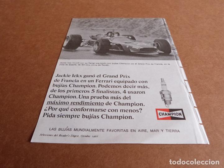 Coches y motocicletas: Anuncio bujias Champion Jackie Ickx con Ferrari circuito Essarts - Publicidad de los a&ntilde;os 60