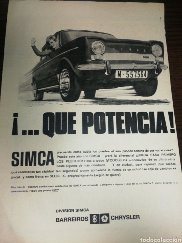 Coches y Motocicletas: SIMCA, BARREIROS, CHRYSLER, ANTIGUA PUBLICIDAD (1965) HOJA GRAN FORMATO, 32 CM X 22 CM