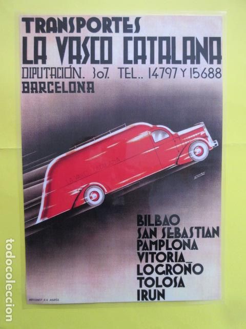 Carros e motociclos: CARTEL REPRODUCCION PUBLICIDAD TRANSPORTE LA VASCO CATALANA SAN SEBASTIAN BARCELONA TAM: 39 x 29 CM