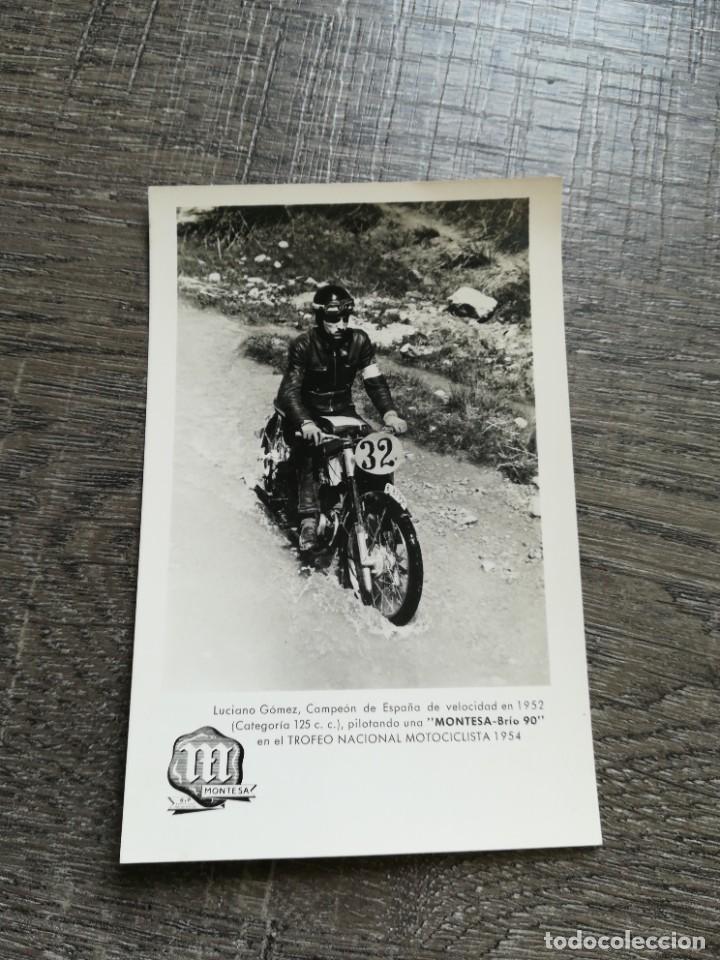 Coches y Motocicletas: Postal Montesa Luciano G&oacute;mez 1952 montesa br&iacute;o 90 trofeo nacional motociclista 1954