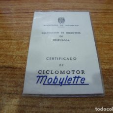 Coches y Motocicletas: CERTIFICADO DE CICLOMOTOR MOBYLETTE 1968. Lote 265881758