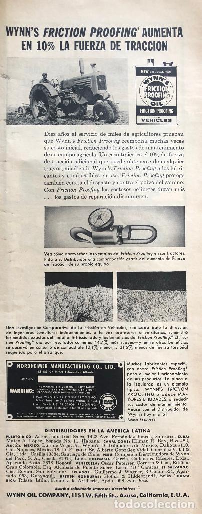 Carros e motociclos: Publicidad en prensa de lubricantes para tractores Wynn's. Original 1954. 13 x 36 cm. Buen estado.