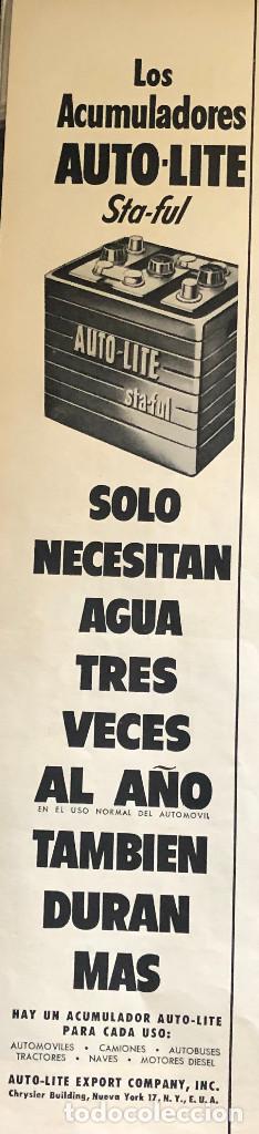 Coches y Motocicletas: Publicidad en prensa de bater&iacute;as Auto-Lite. Original a&ntilde;o 1954. 8 x 36 cm. Buen estado.