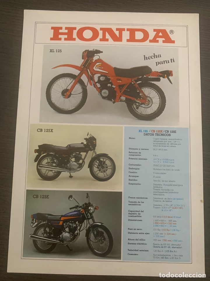 Coches y Motocicletas: Cat&aacute;logo folleto publicidad honda xl 125 cb 125 c epa 50 px 50 svlcs