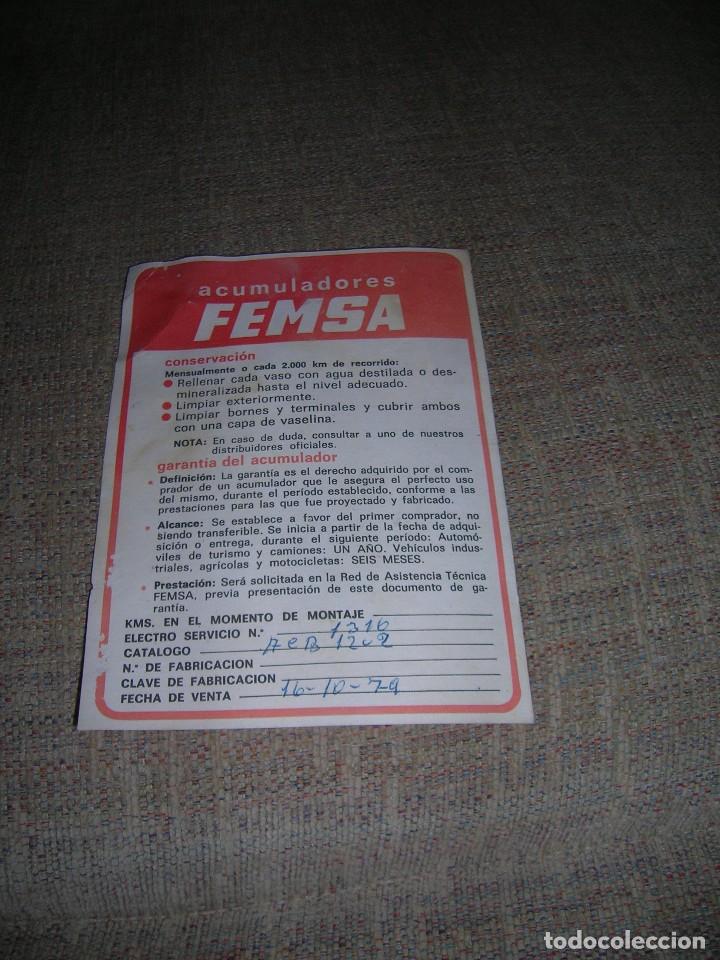 Carros e motociclos: Tarjeta de venta: Acumuladores (baterias) FEMSA (Fabrica Espa&ntilde;ola Magnetos, S. A.). A&ntilde;o 1979.