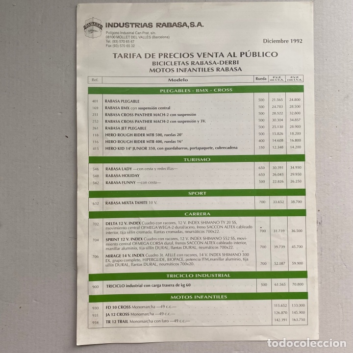 Automobili e Motociclette: Hoja tarifa de precios venta al p&uacute;blico bicicletas Rabasa-derby motos infantiles diciembre de 1992
