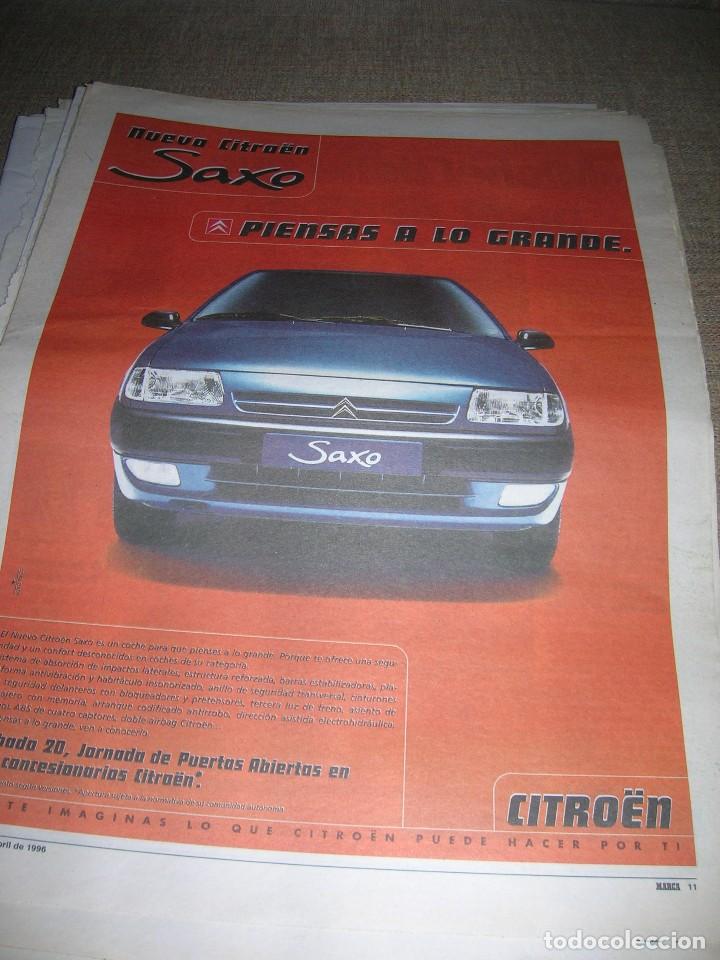Coches y Motocicletas: Hoja recorte de prensa. Periodico Marca, publicidad del nuevo Citro&euml;n Saxo. 18 de abril de 1996.