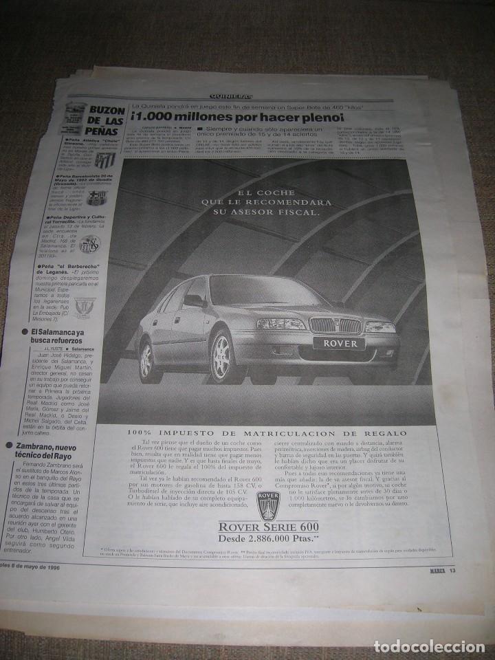 Coches y motocicletas: Hoja recorte de prensa. Periodico Marca. Publicidad Rover 600. 8 de mayo de 1996.