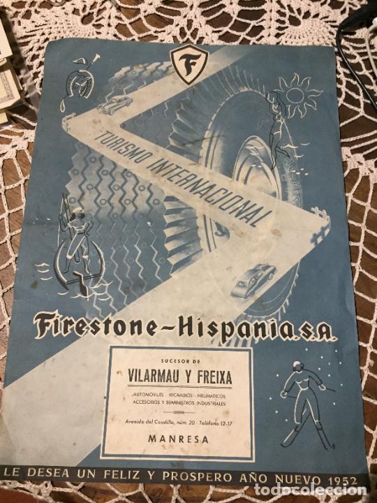 Carros e motociclos: Antiguo cartel felicitaci&oacute;n de Navidad Firestone coches Hispania S.A. a&ntilde;o 1952 Manresa Vilarmau