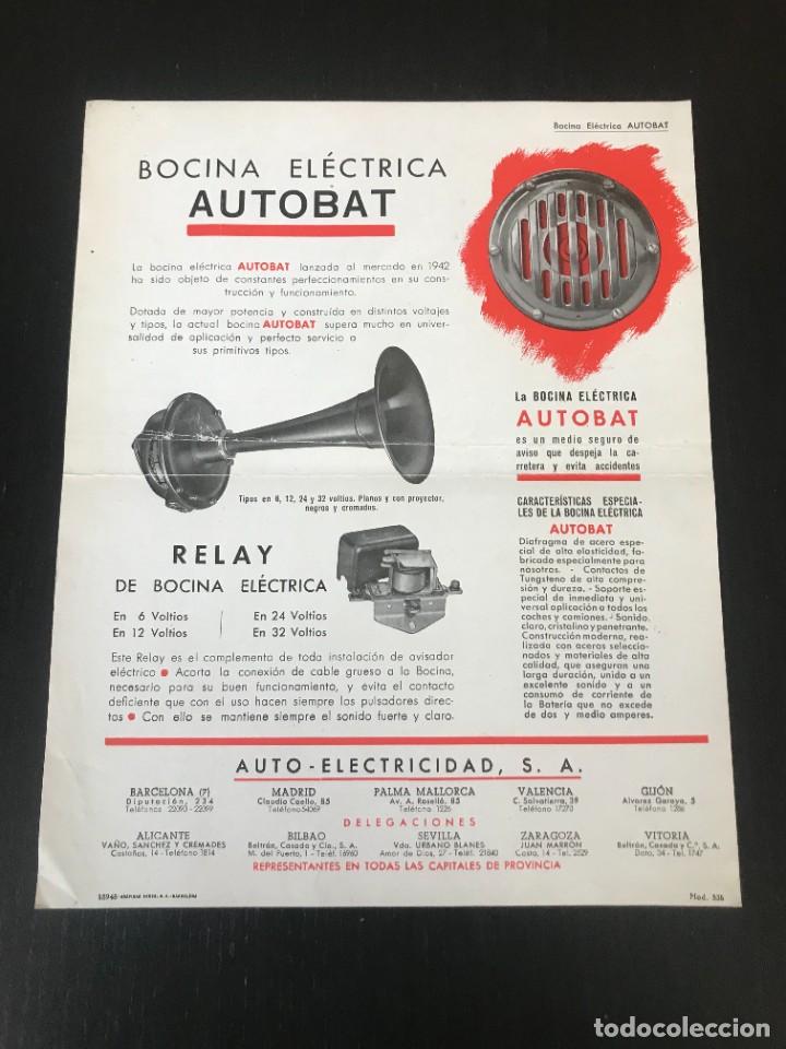 Coches y Motocicletas: BOCINA ELECTRICA AUTOBAT - AUTO ELECTRICIDAD SA - FOLLETO PUBLICIDAD - MOTOR CLASICO COCHE ANTIGUO