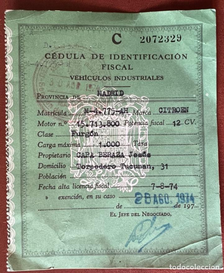 Coches y Motocicletas: C&eacute;dula de Identificaci&oacute;n Fiscal Veh&iacute;culos Industriales - Furg&oacute;n Citro&euml;n 12 CV - A&ntilde;o 1974