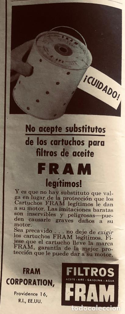Coches y Motocicletas: Publicidad en prensa, filtros de aceite de motor Fram. Revista original 1954. 7 x 18 cm. Buen estado