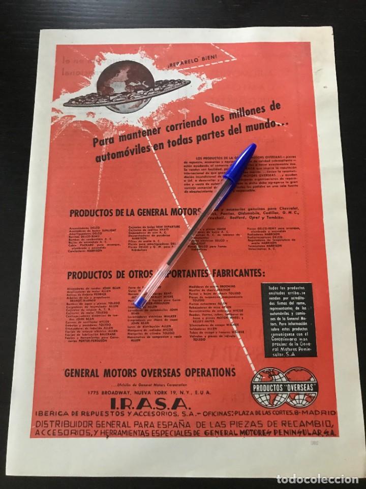 Coches y Motocicletas: IRASA GENERAL MOTORS OVERSEAS OPERATIONS RECAMBIOS - ANUNCIO RECORTE PUBLICIDAD ORIGINAL - A&Ntilde;O 1950