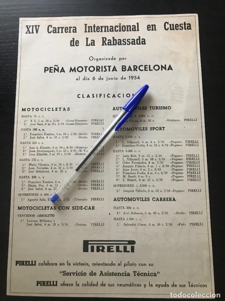 Coches y Motocicletas: PIRELLI CUESTA LA RABASSADA CLASIFICACION PEGASO - ANUNCIO PUBLICIDAD RECORTE ORIGINAL - A&Ntilde;O 1954