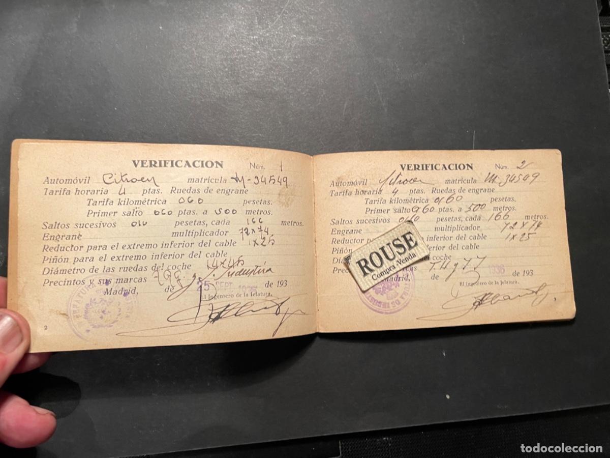 Coches y Motocicletas: TAXI - ANTIGUA LIBRETA DE VERIFICACION DE APARATOS TAXIMETROS MADRID 1935-1936 AUTOMOVIL CITROEN