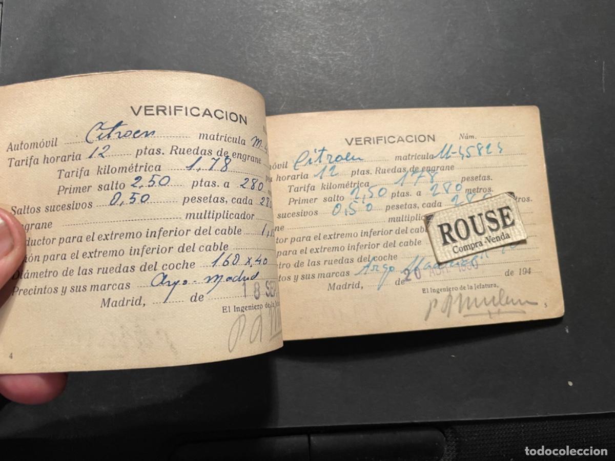 Coches y Motocicletas: TAXI - ANTIGUA LIBRETA DE VERIFICACION DE APARATOS TAXIMETROS MADRID 1944-1966 AUTOMOVIL CITROEN
