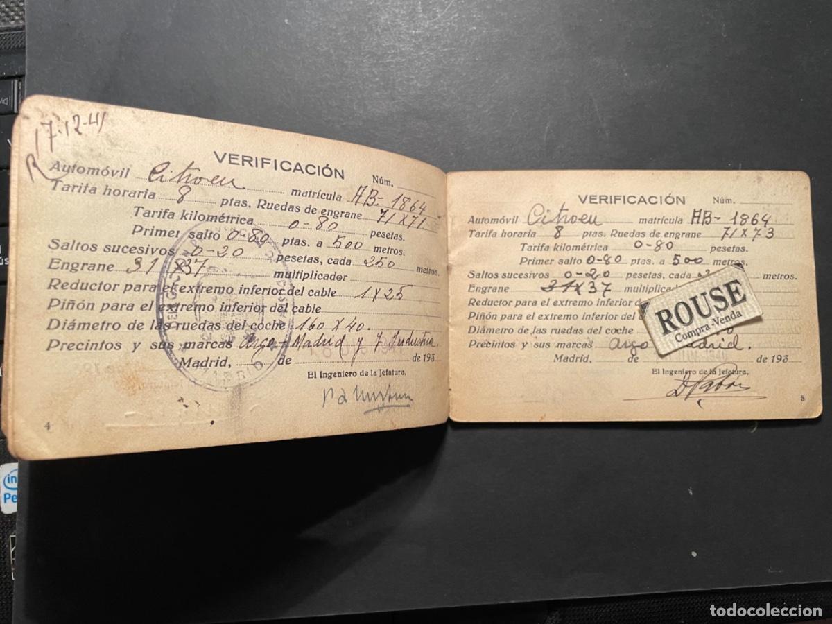 Coches y Motocicletas: TAXI - ANTIGUA LIBRETA DE VERIFICACION DE APARATOS TAXIMETROS ALBACETE 1939-1958 AUTOMOVIL CITROEN