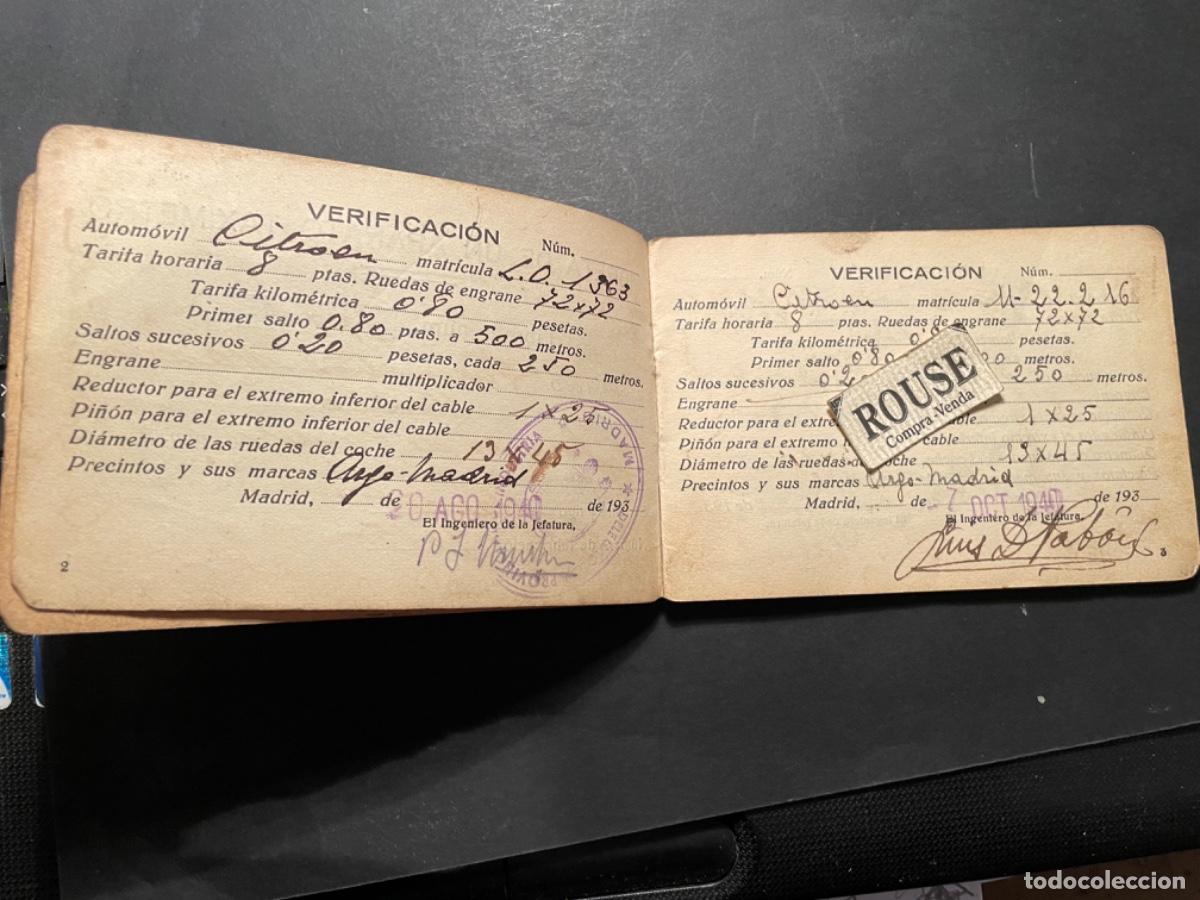 Coches y Motocicletas: TAXI - ANTIGUA LIBRETA DE VERIFICACION DE APARATOS TAXMETROS LOGRO&Ntilde;O 1940-1954 AUTIOMOVIL CITROEN