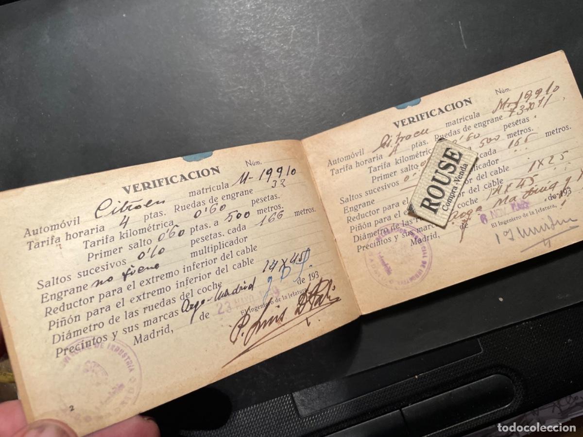 Coches y Motocicletas: TAXI - ANTIGUA LIBRETA DE VERIFICACION DE APARATOS TAXMETROS MADRID 1939 - AUTIOMOVIL CITROEN