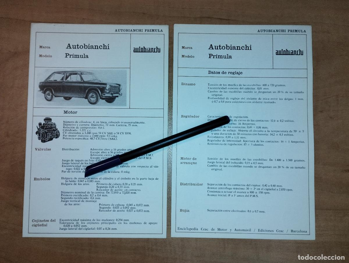 Coches y Motocicletas: LOTE 2 FICHAS TECNICAS MECANICA Y ELECTRICA AUTOBIANCHI PRIMULA - EDICIONES CEAC - A&Ntilde;OS 70