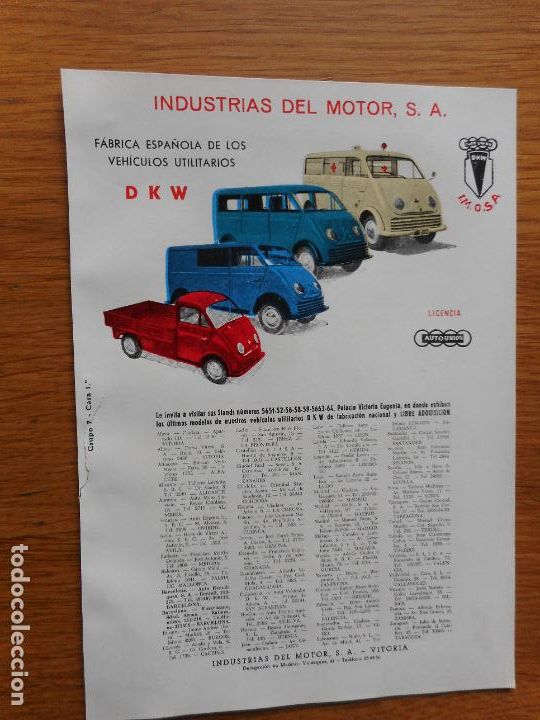 Voitures et Motocyclettes: ANTIGUA PUBLICIDAD INDUSTRIAS DEL MOTOR S.A DKW IMOSA AUTO UNION VITORIA 1959. PIRELLI