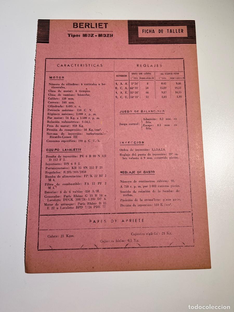 Carros e motociclos: BERLIET. TIPO: MDZ - MDZH. FICHA DE TALLER Y MEDIDAS Y TOLERANCIAS. VER FOTOS.