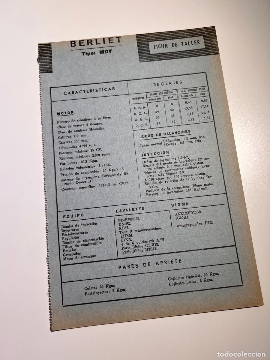 Carros e motociclos: BERLIET. TIPO: MDY. FICHA DE TALLER Y MEDIDAS Y TOLERANCIAS. VER FOTOS.