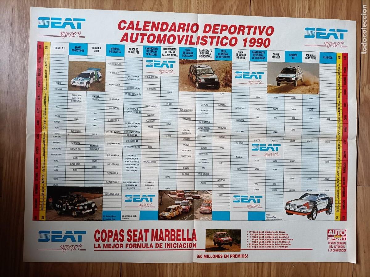 Coches y motocicletas: SEAT SPORT. CALENDARIO DEPORTIVO AUTOMOVIL&Iacute;STICO - 1990. P&Oacute;STER (40x54)