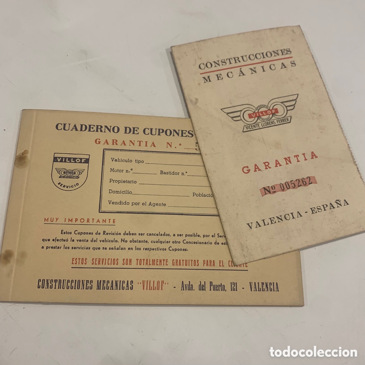 Voitures et Motocyclettes: Garant&iacute;a motocicleta villof y cuaderno de cupones de revisi&oacute;n a&ntilde;os 1950 valencia