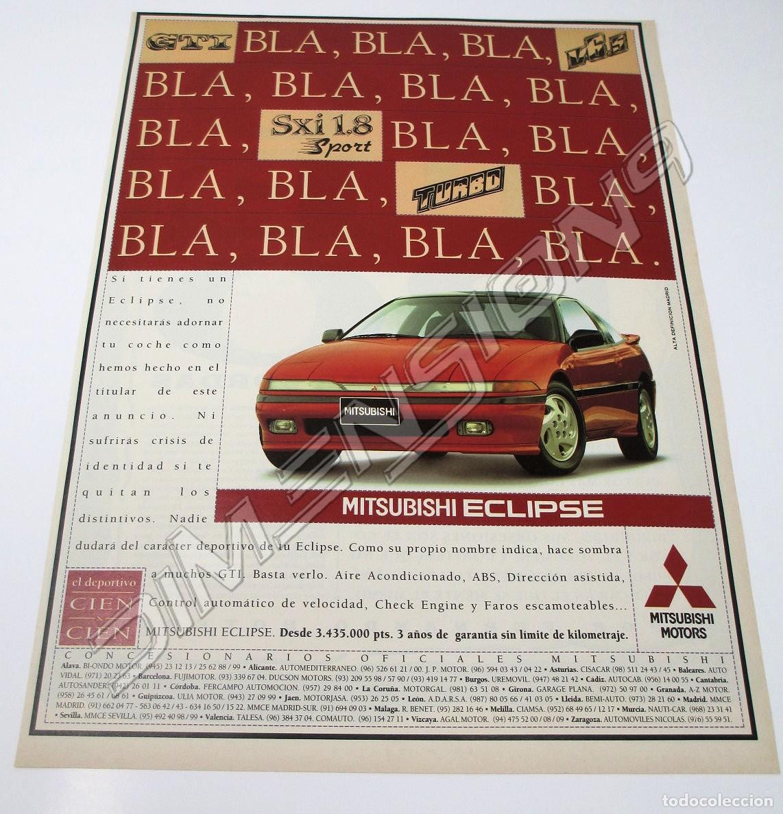 Coches y motocicletas: Gran Anuncio Publicidad de Prensa - Mitsubishi Eclipse de 1994 - Mide 37 x 27 cm.