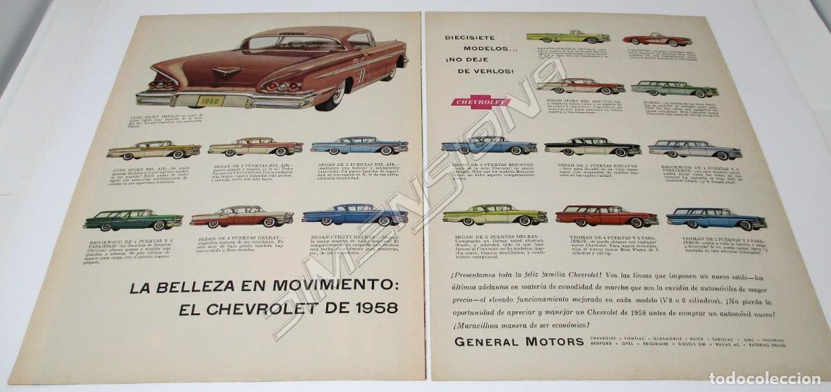 Coches y motocicletas: Gran Anuncio doble de Publicidad de Prensa de todos los modelos de Chevrolet del a&ntilde;o 1958