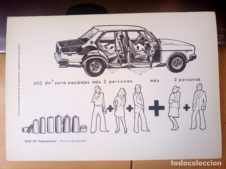 Coches y motocicletas: SEAT 131 SUPERMIRAFIORI 1975 LAMINA ILUSTRADA LANZAMIENTO 31,5 X 22,3 CM CONSOLA CAPACIDAD