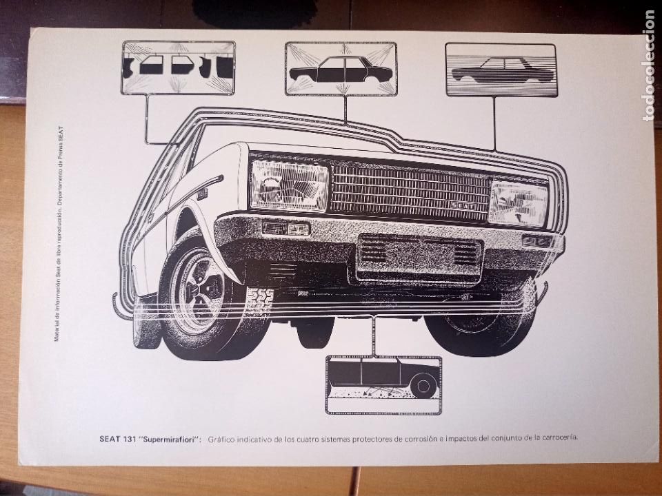 Autos und Motorr&auml;der: SEAT 131 SUPERMIRAFIORI 1975 LAMINA ILUSTRADA LANZAMIENTO 31,5 X 22,3 CM IMPACTOS Y CORROSI&Oacute;N