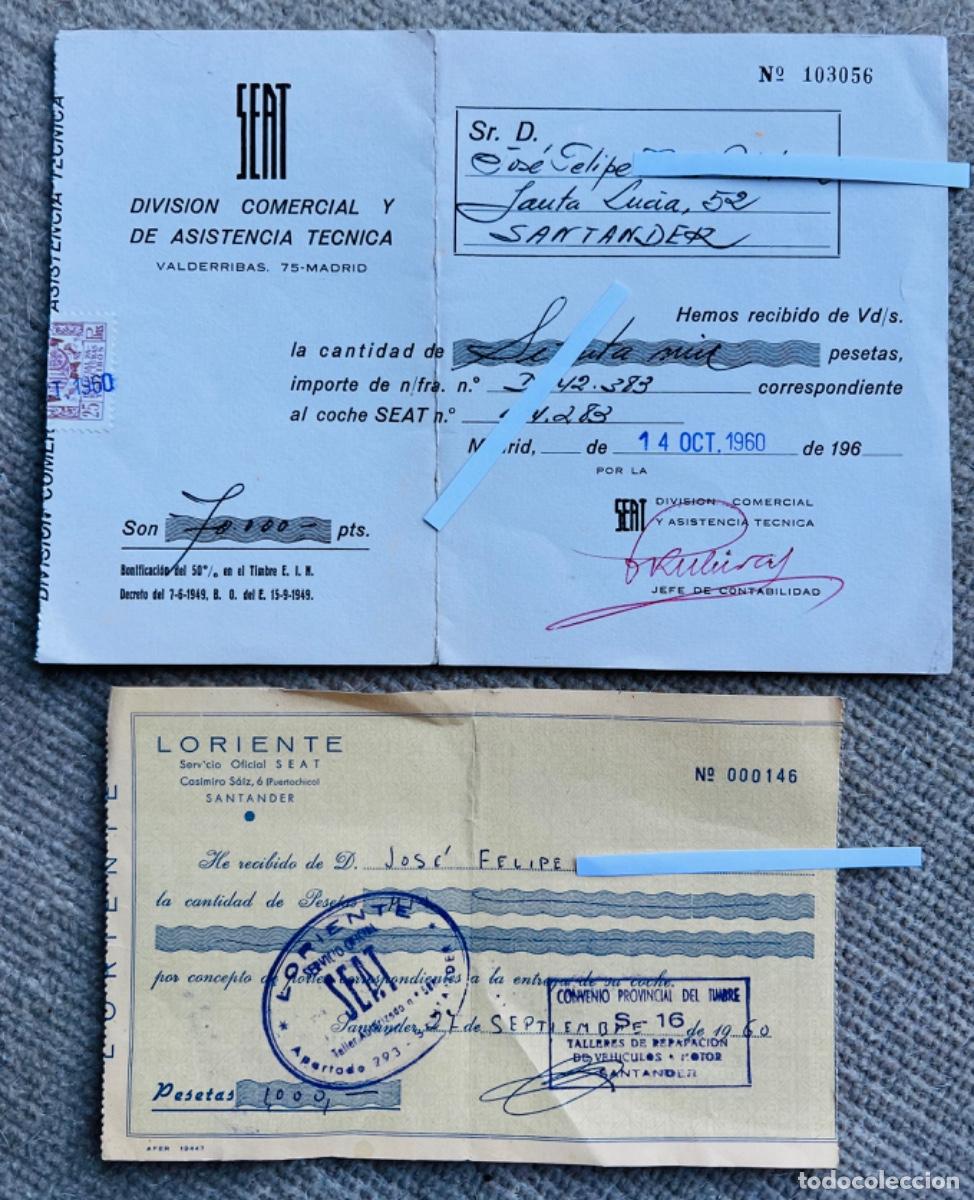 Coches y motocicletas: Seat - Documento recibo de pago de autom&oacute;vil por 70.000 pesetas - A&ntilde;o 1960 (Santander)