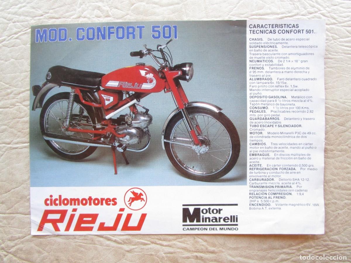 Coches y Motocicletas: antiguo catalogo original rieju confort 501 y tt 505 r de 49 cc.