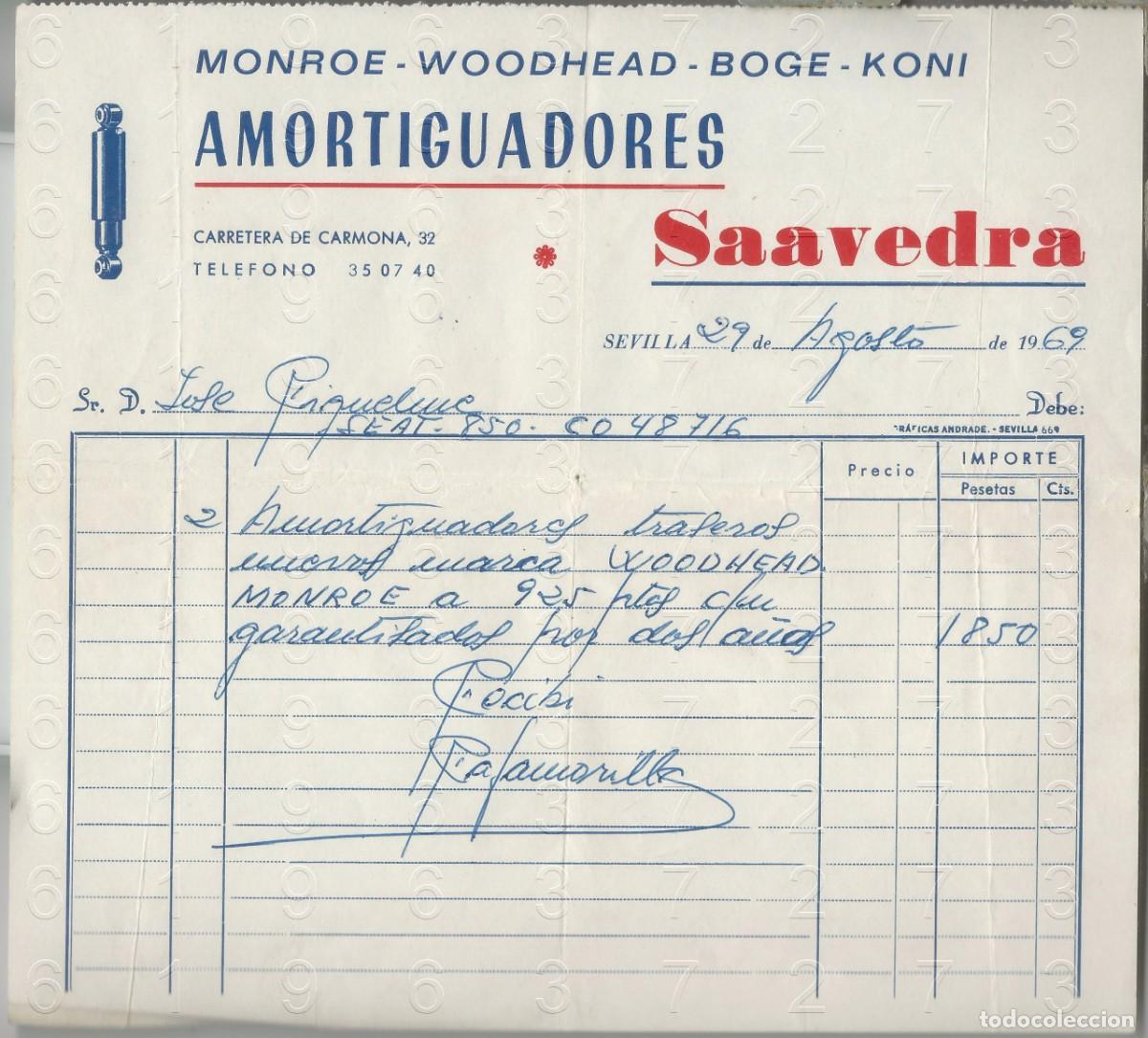 Coches y motocicletas: SEVILLA SEAT 850 AMORTIGUADORES SAAVEDRA TALLER 1969 FACTURA L62