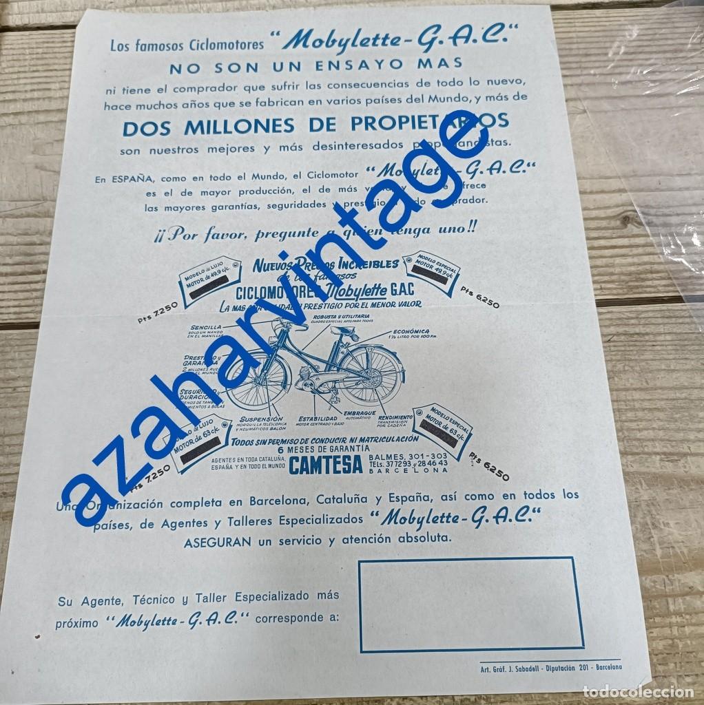Automobili e Motociclette: ANTIGUA PUBLICIDAD DE MOBYLETTE G.A.C., CON PRECIOS, ESPECTACULAR, 21X28 CMS