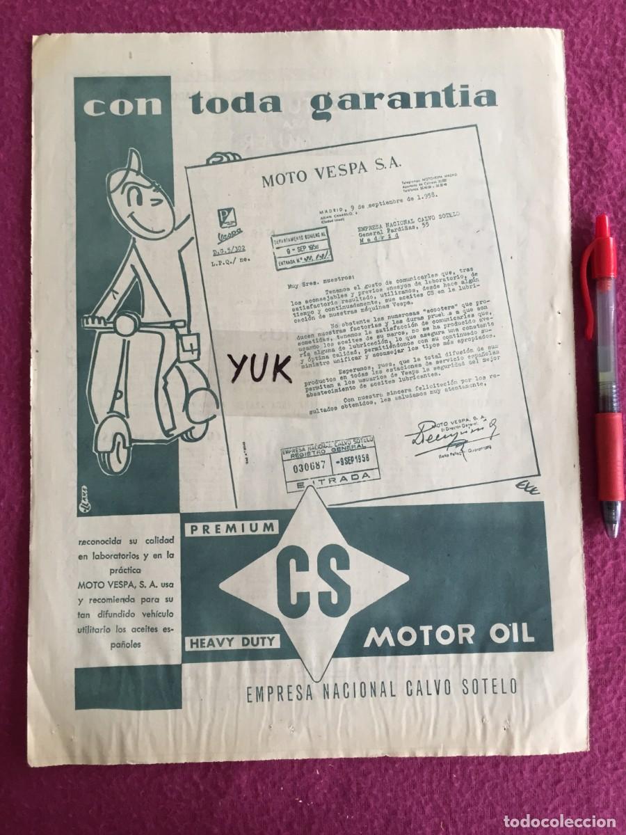 Coches y Motocicletas: BONITA PUBLICIDAD 1958 EMPRESA NACIONAL CALVO SOTELO CS MOTOR OIL - MOTO VESPA
