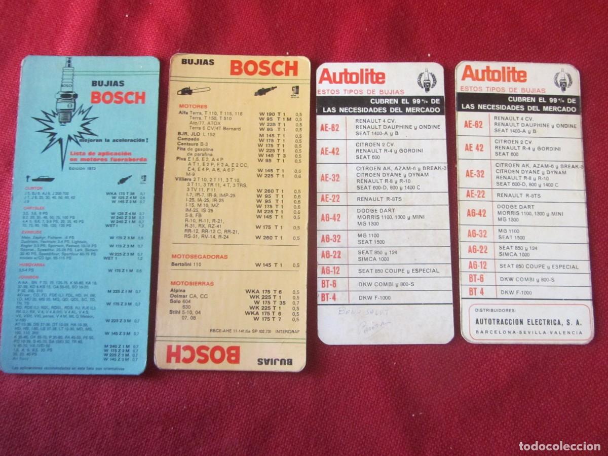 Coches y Motocicletas: LOTE 4 TABLAS DE APLICACIONES BUJ&Iacute;AS BOSCH, AUTOLITE. 1973