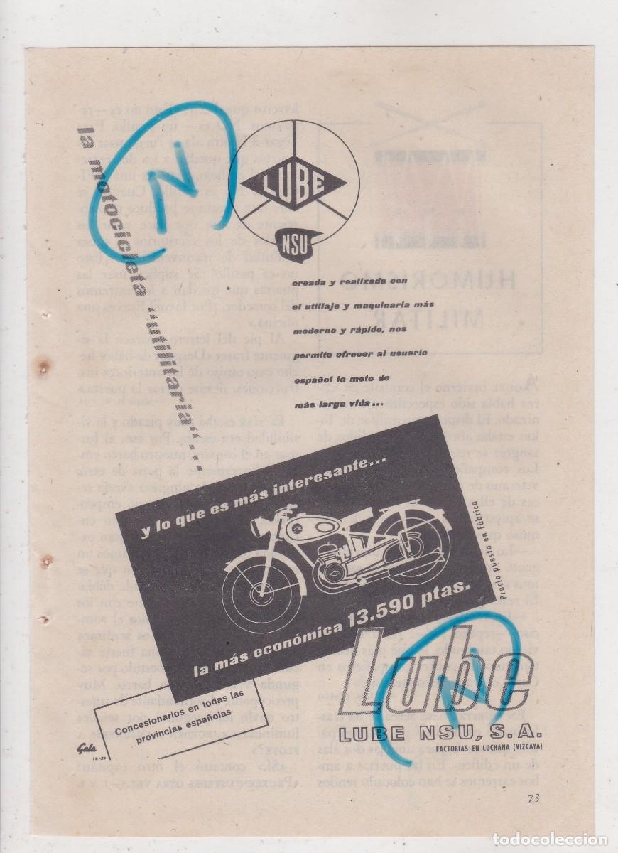Carros e motociclos: PUBLICIDAD 1957. ANUNCIO MOTOCICLETA LUBE. LUBE NSU, S.A. LUCHANA (VIZCAYA)