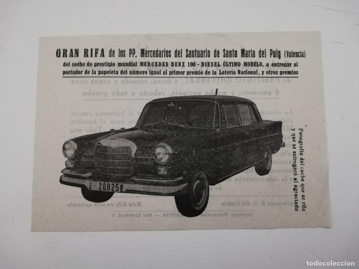 Automobili e Motociclette: BOLETO/PROPAGANDA RIFA MERCEDES BENZ 190 DIESEL - PP. MERCEDARIOS STA M&ordf; DEL PUIG (VALENCIA)