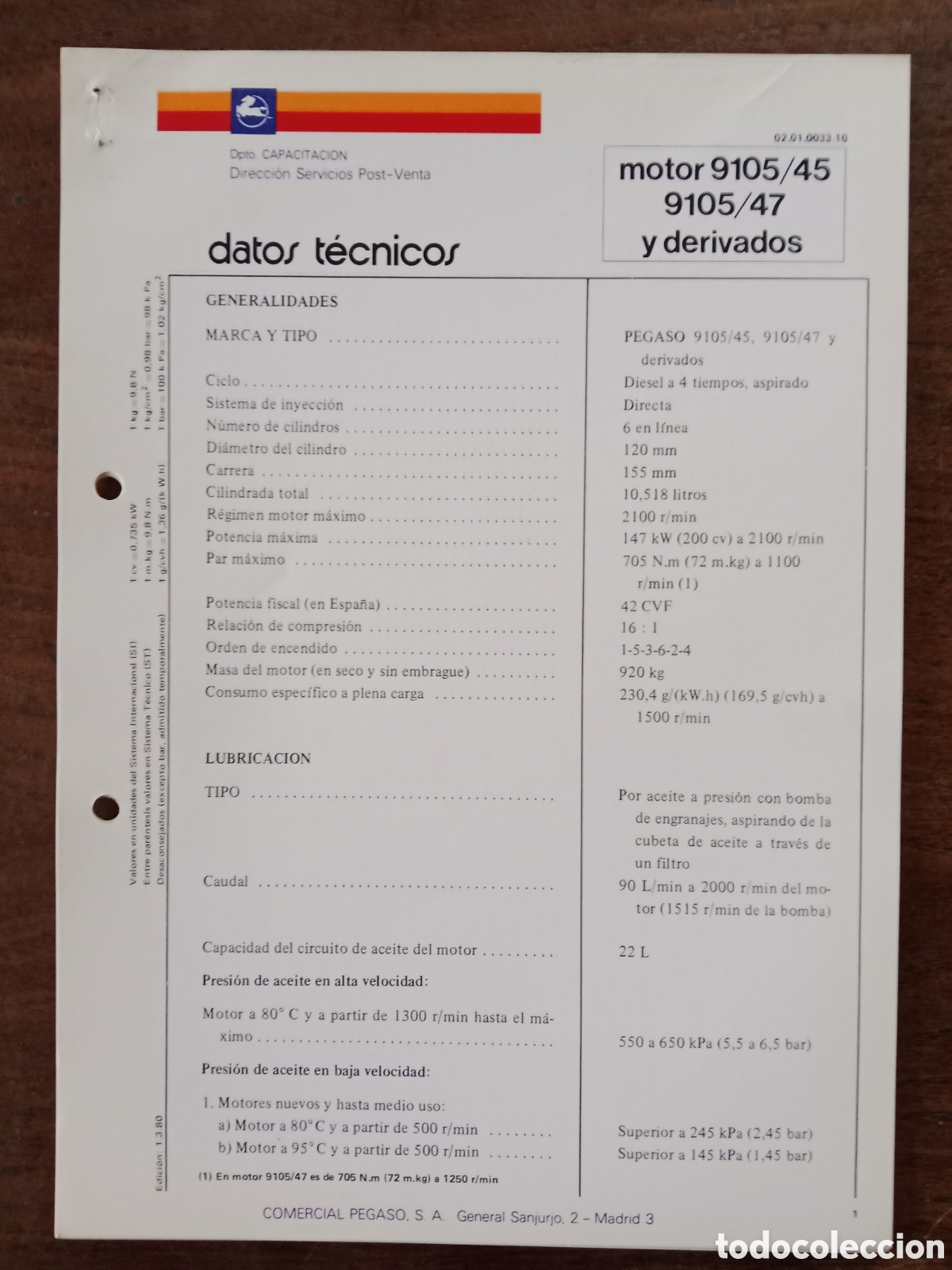 Cars and Motorcycles: Datos t&eacute;cnicos motor Pegaso 9105/45 9105/47