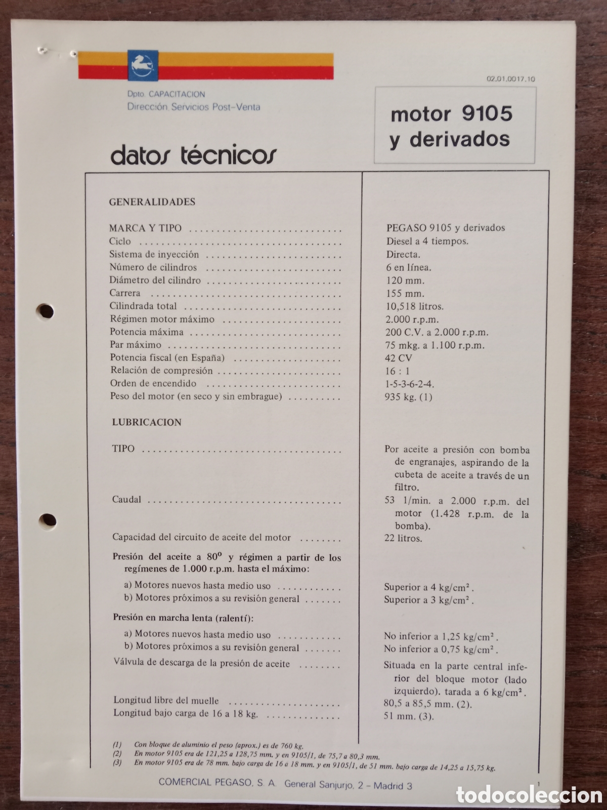 Cars and Motorcycles: Datos t&eacute;cnicos motor Pegaso 9105 cami&oacute;n
