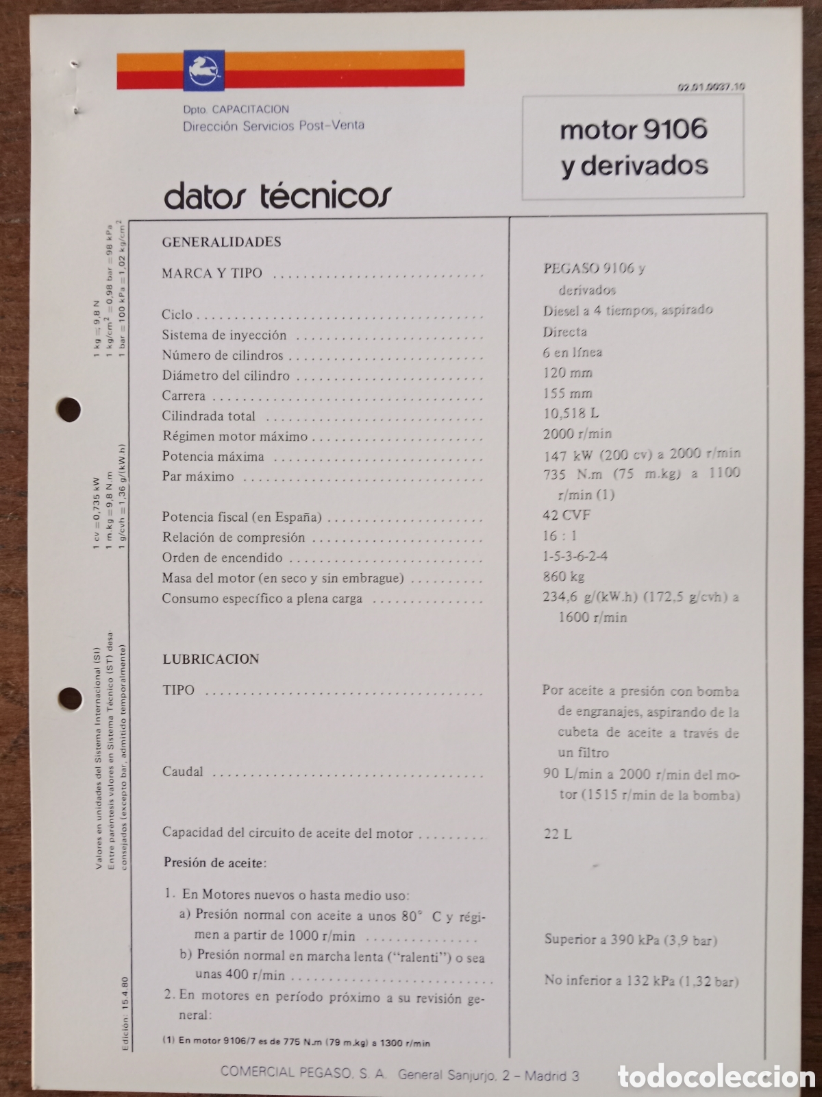 Cars and Motorcycles: Datos t&eacute;cnicos motor Pegaso 9106 cami&oacute;n