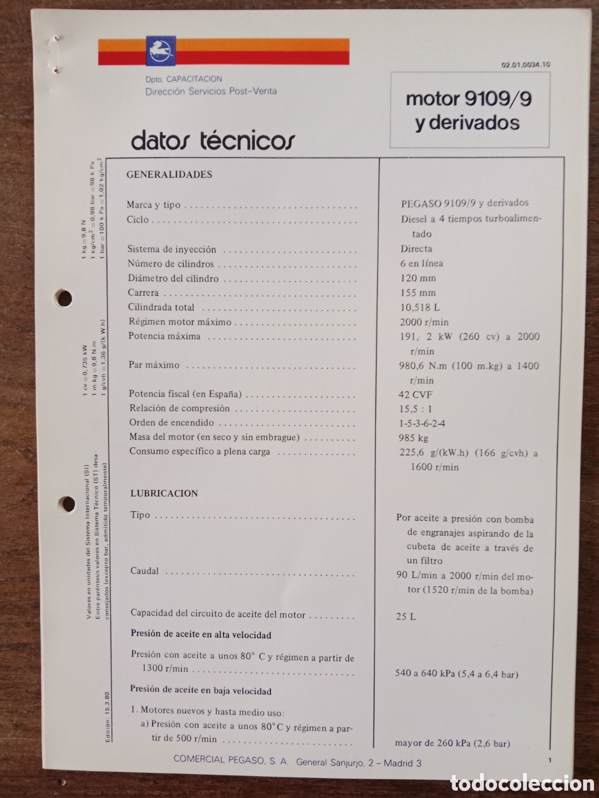 Cars and Motorcycles: Datos t&eacute;cnicos motor Pegaso 9109/9 camion