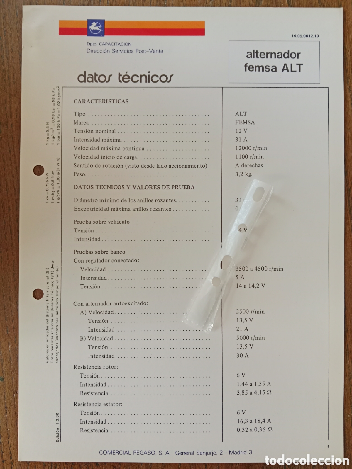 Cars and Motorcycles: Datos t&eacute;cnicos alternador ALT FEMSA Pegaso cami&oacute;n