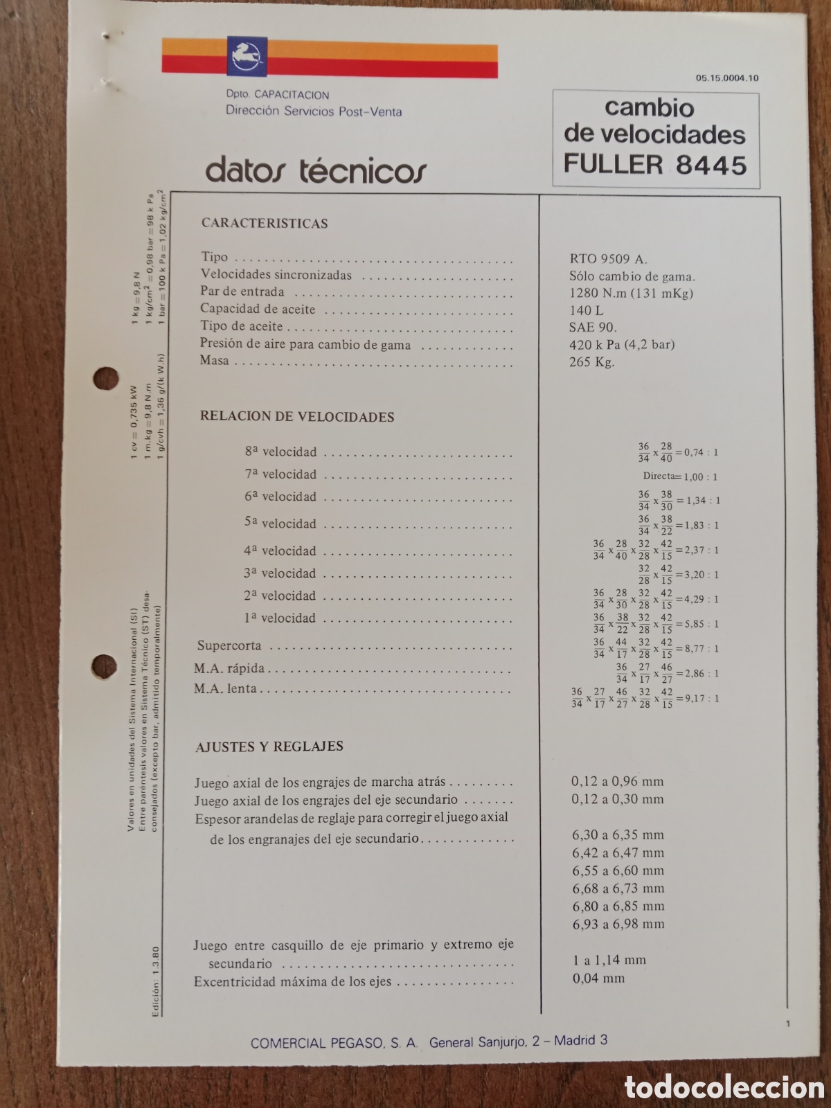 Coches y Motocicletas: Datos t&eacute;cnicos caja cambio de velocidades Fuller 8445 Pegaso cami&oacute;n